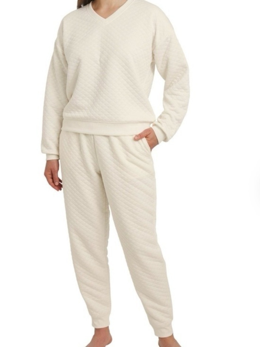 Lands' End Quilted V‑Neck Sleep Set in Ivory